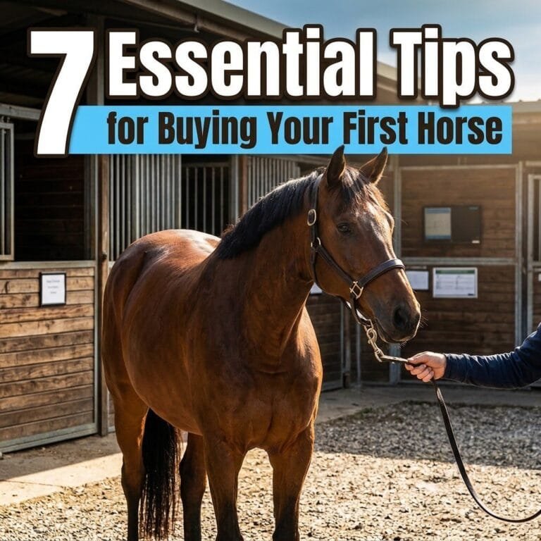 Buying your first horse: a calm bay horse in a halter led by a hand in a sunny stable yard
