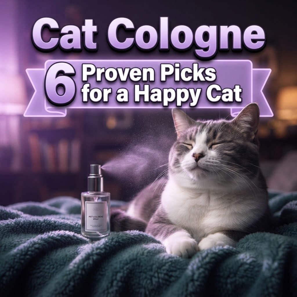 Cat cologne: a content cat with closed eyes beside a pet cologne spray bottle releasing a soft mist