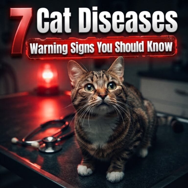 Cat diseases warning signs: a worried tabby cat on a vet table beside a stethoscope