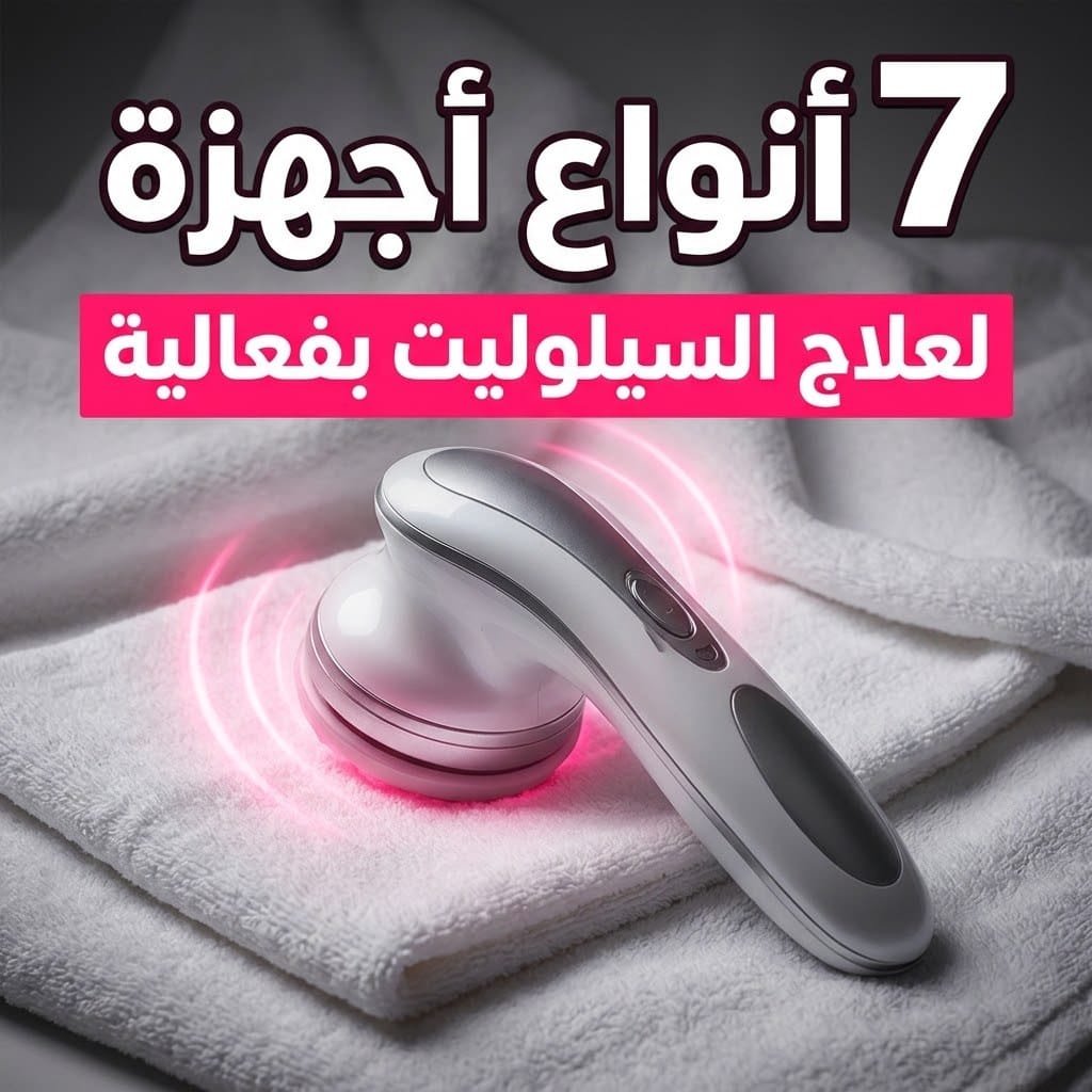 أجهزة علاج السيلوليت: جهاز تدليك محمول يشع بموجات وردية فوق منشفة بيضاء