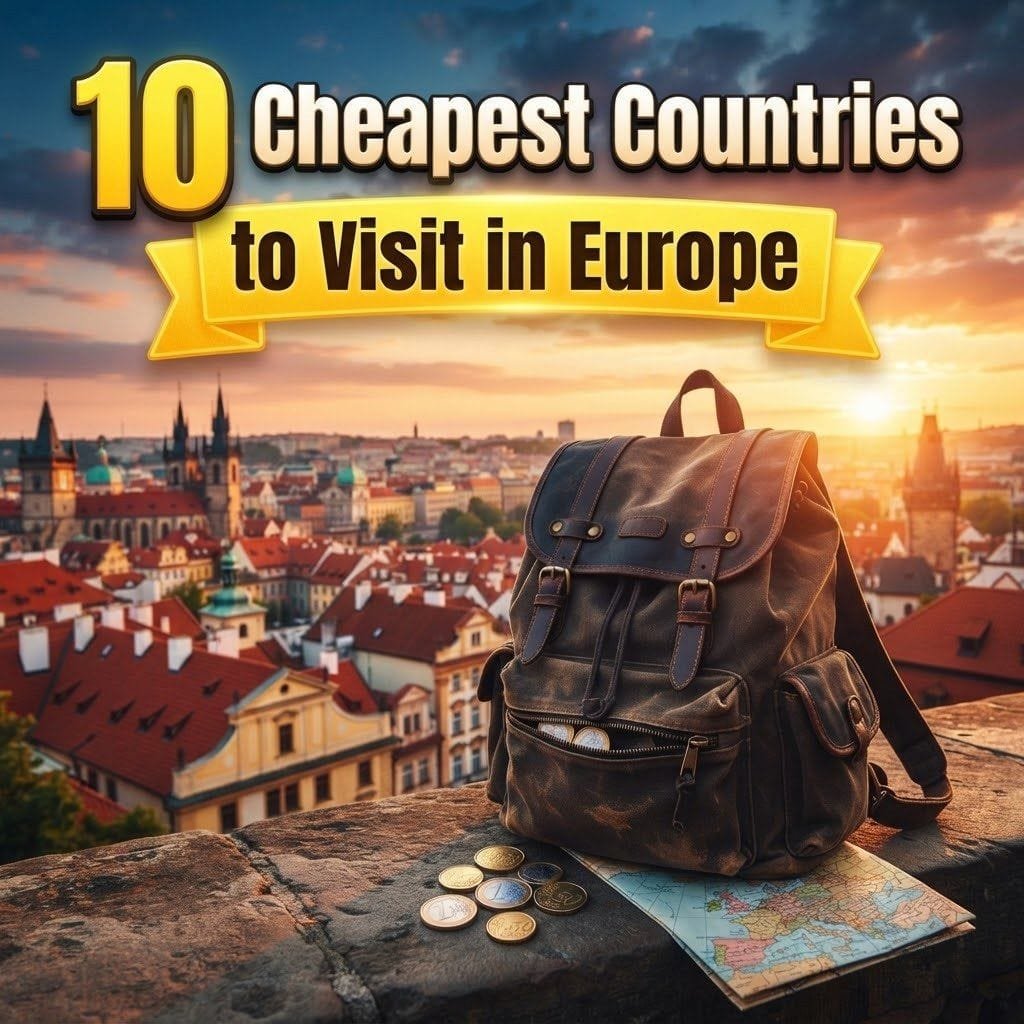 Cheapest countries to visit in Europe: a travel backpack with euro coins and a map overlooking old town rooftops