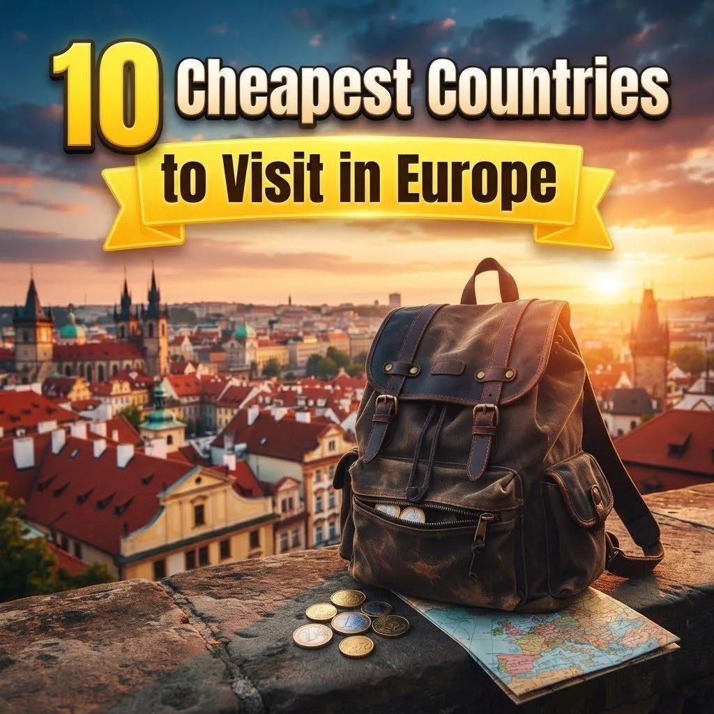 Cheapest countries to visit in Europe: a travel backpack with euro coins and a map overlooking old town rooftops