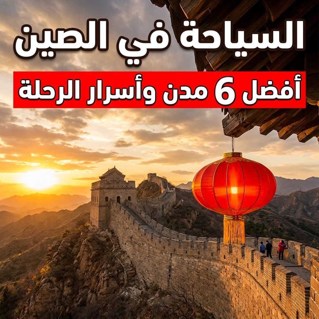 السياحة في الصين: سور الصين العظيم عند الغروب مع فانوس أحمر مضيء