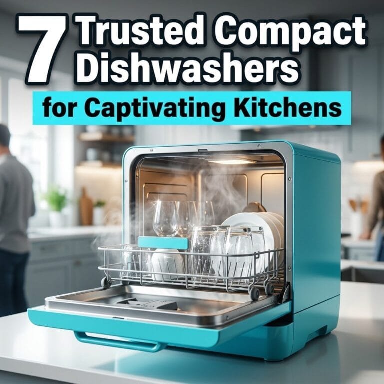 Compact dishwashers: a teal countertop dishwasher open with sparkling clean glasses and plates