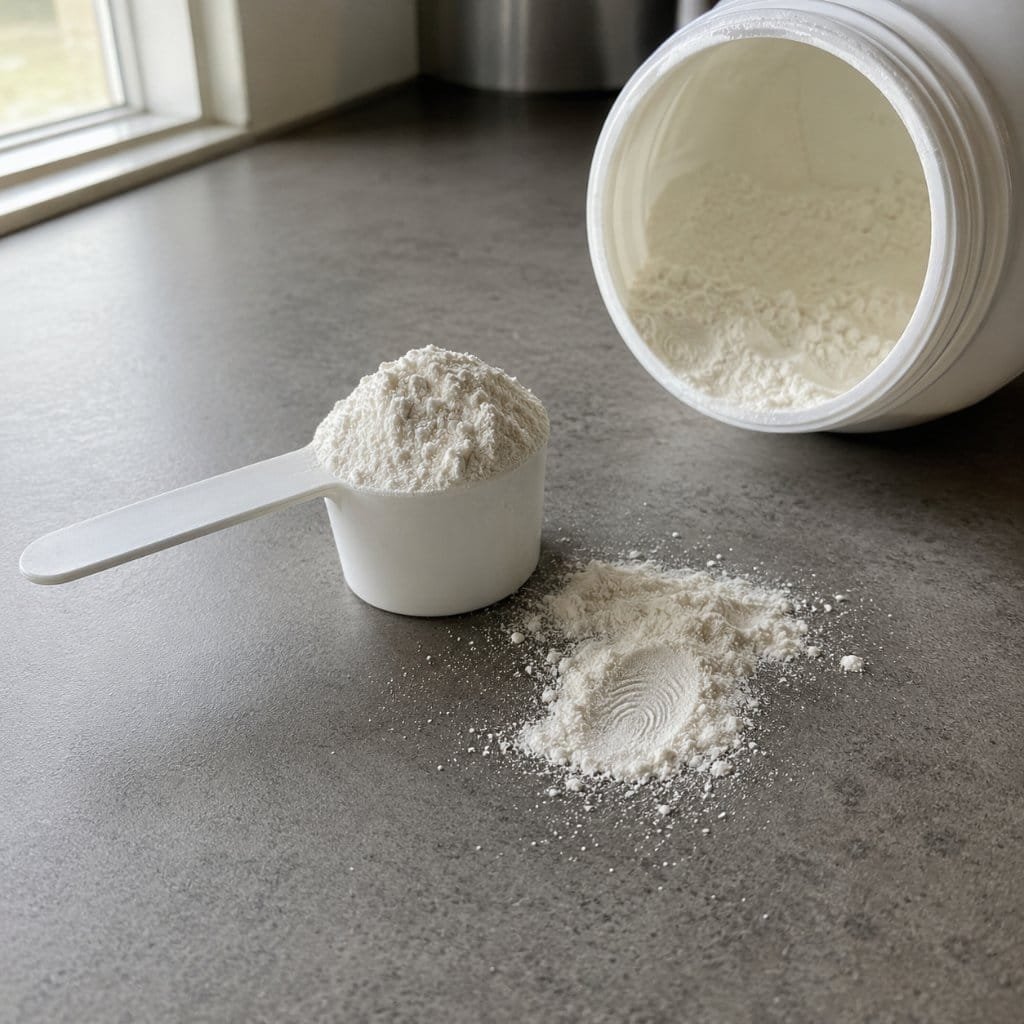 A scoop of creatine monohydrate powder beside an unlabelled tub on a kitchen counter