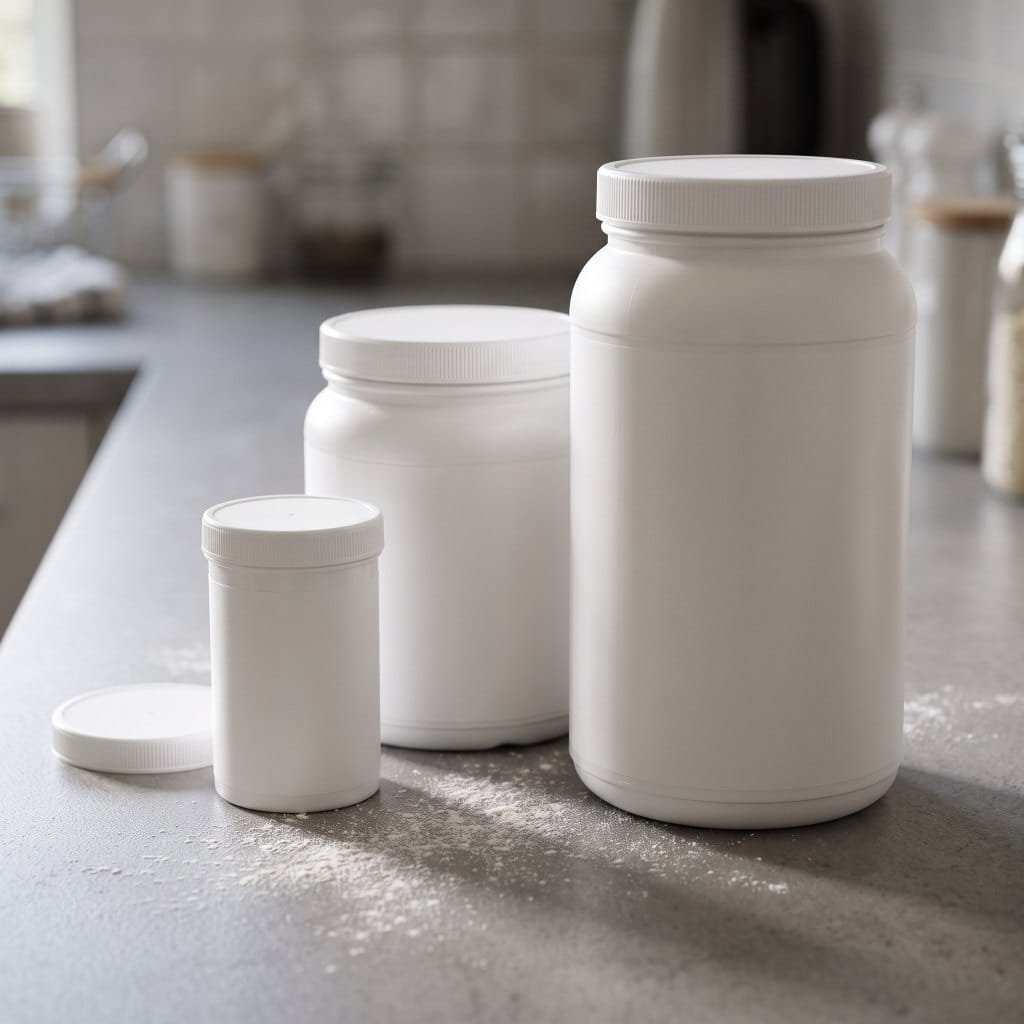 Three unlabelled supplement tubs of different sizes representing creatine monohydrate and newer forms