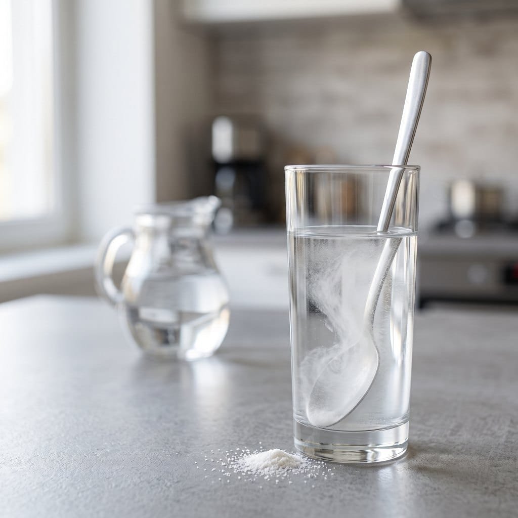 Creatine monohydrate powder dissolving in a glass of water with a spoon
