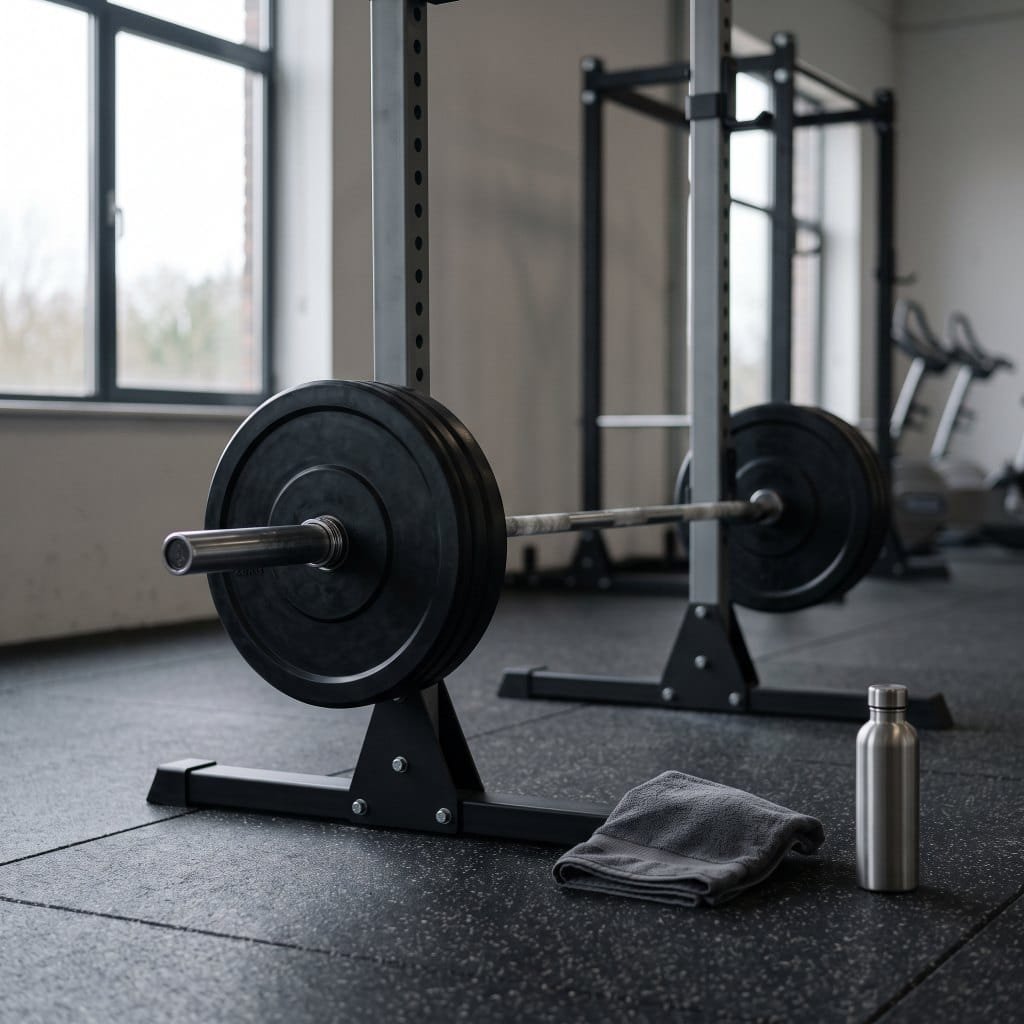 A loaded barbell on a squat rack in an empty gym where creatine monohydrate supports training