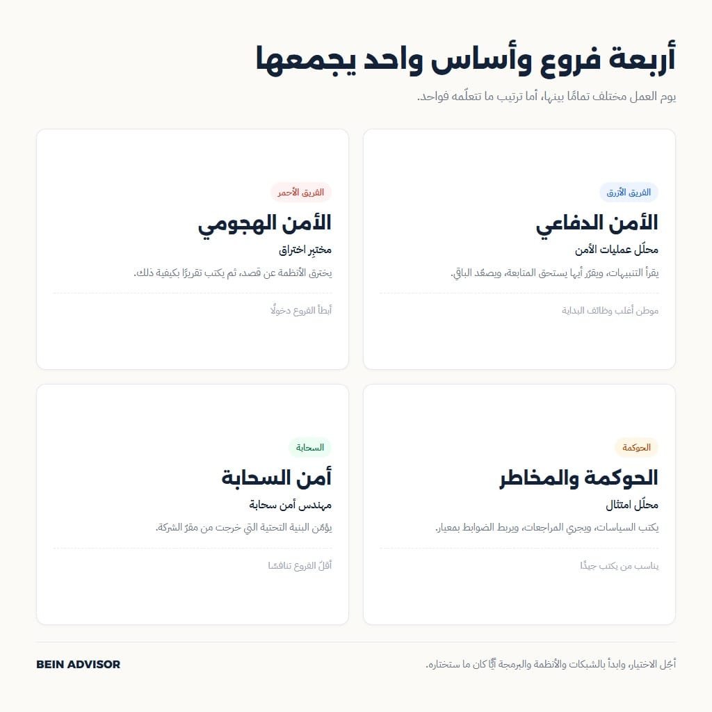 مقارنة أربعة فروع في الأمن السيبراني: الدفاع والهجوم والحوكمة والسحابة
