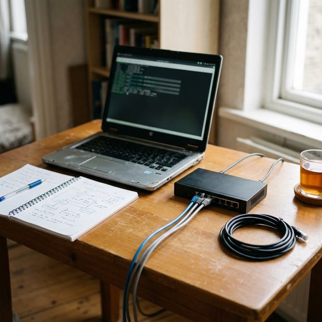 A beginner home lab with a laptop, a small network switch and handwritten notes