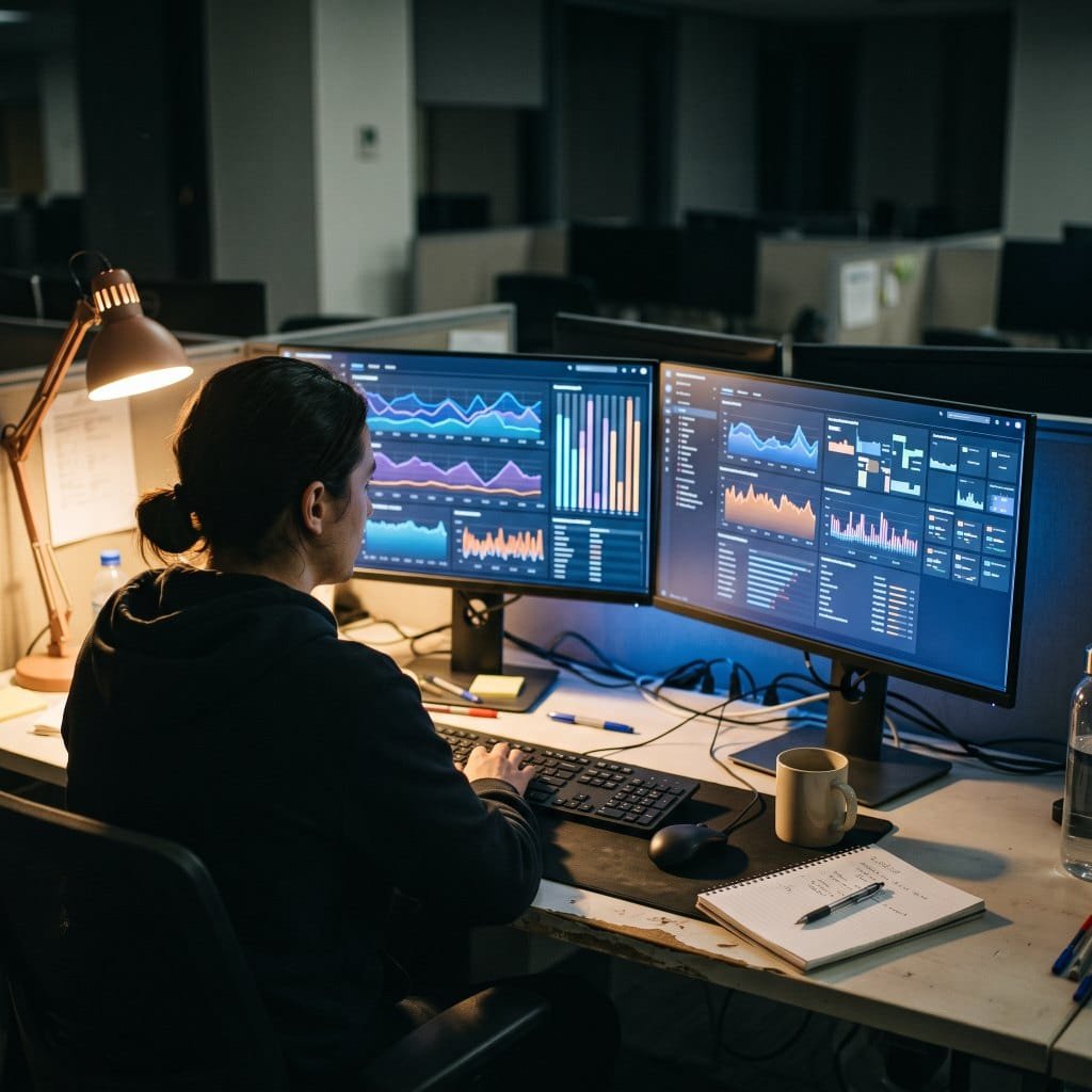 A security operations analyst reviewing dashboards, a common first role in cybersecurity for beginners