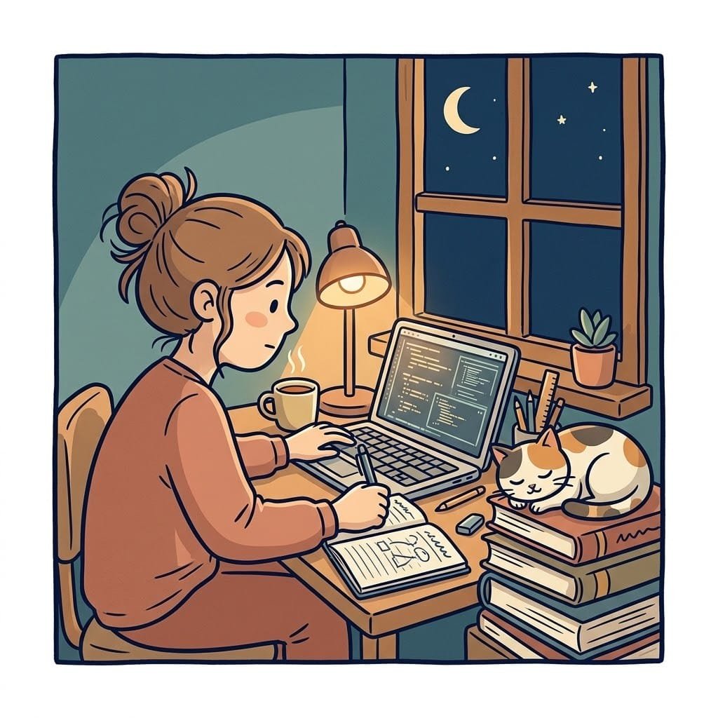 Illustration of a steady evening study routine for cybersecurity for beginners