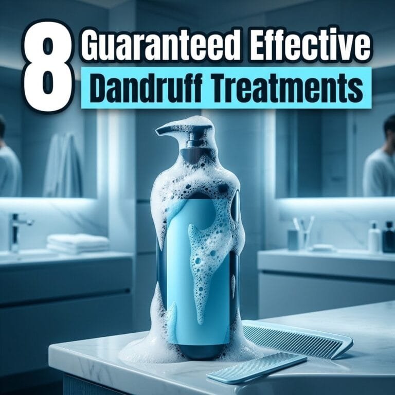 Dandruff treatments: an anti-dandruff shampoo bottle with rich foam and a comb