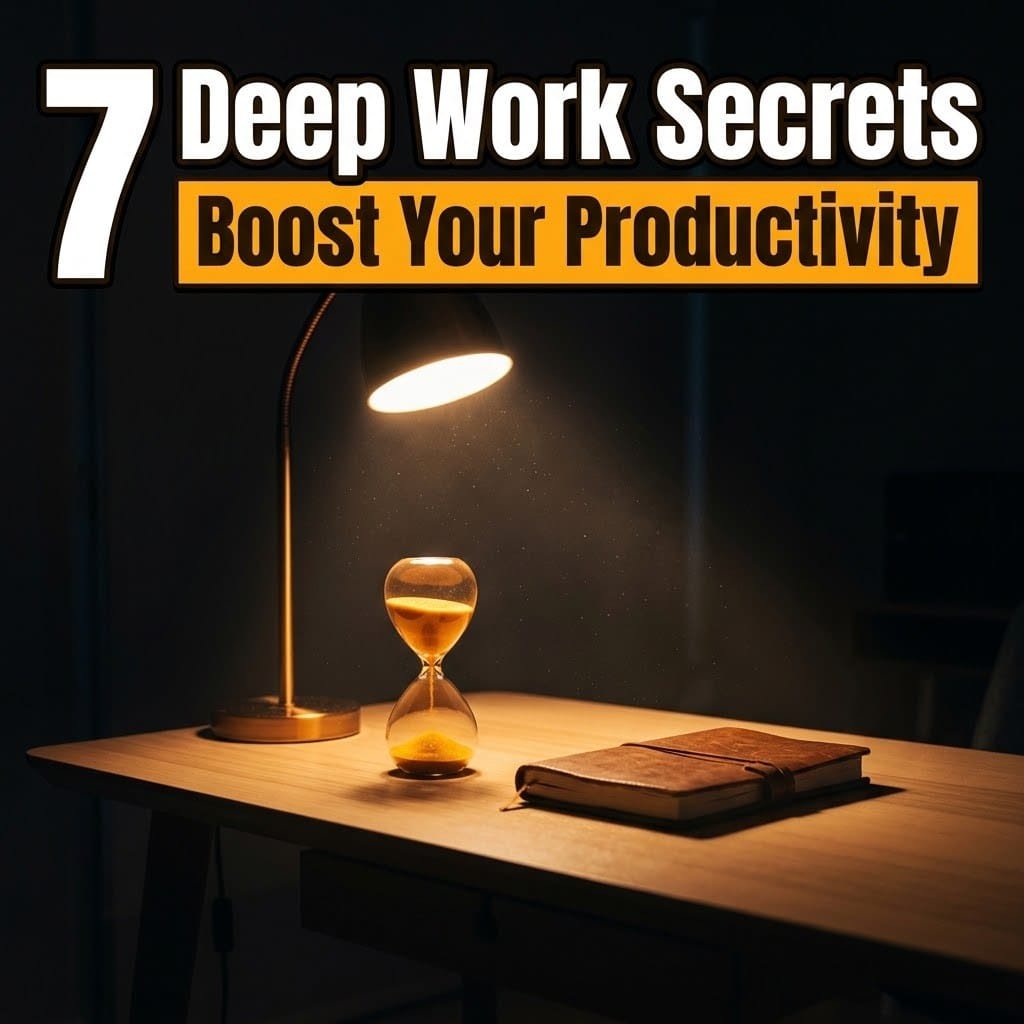 Deep work secrets: a lone desk lamp lighting an hourglass and a notebook in a dark focused room