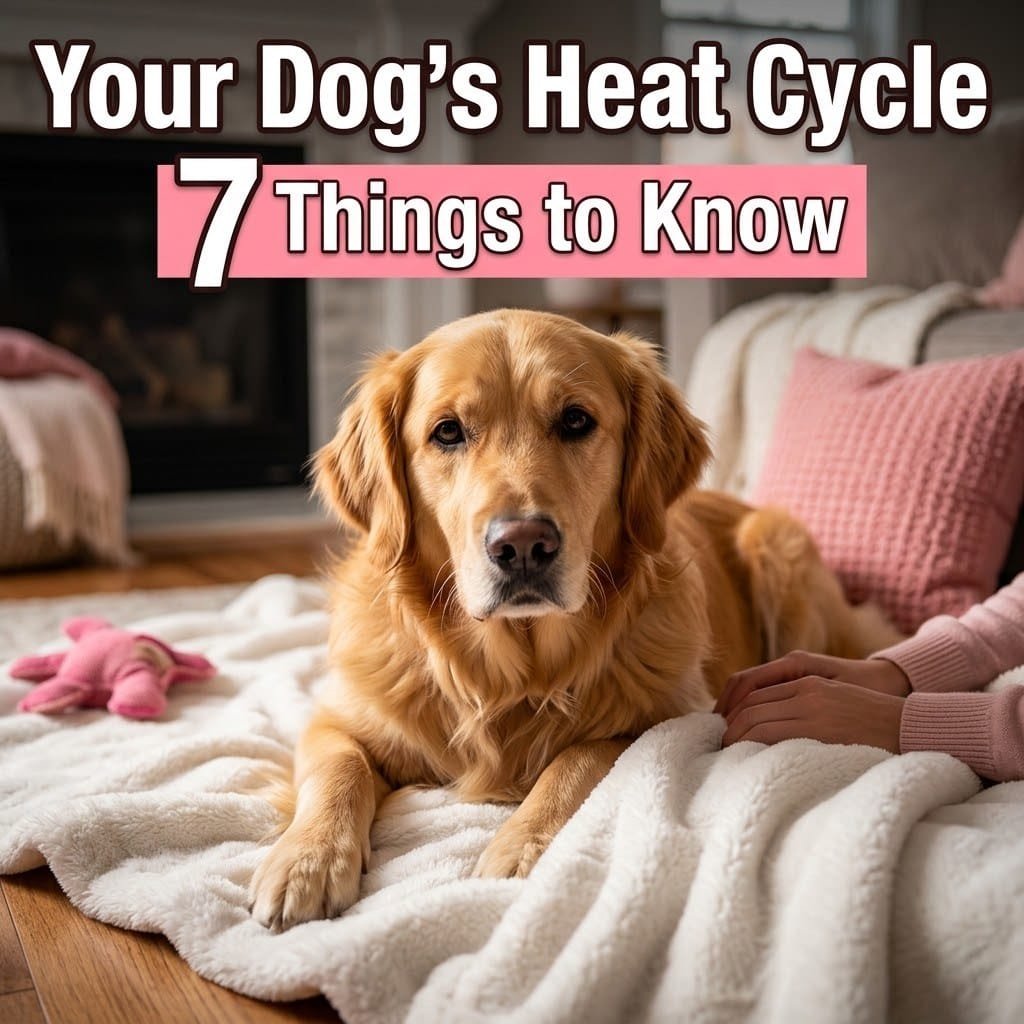 Dog heat cycle: a calm golden retriever resting on a soft blanket while her owner gently comforts her