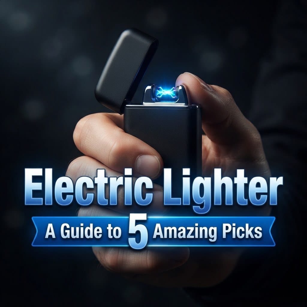 Electric lighter: a hand holding an electric plasma lighter with a glowing blue arc