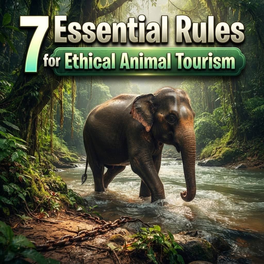 Ethical animal tourism: a free elephant walking through a jungle river beside a broken chain