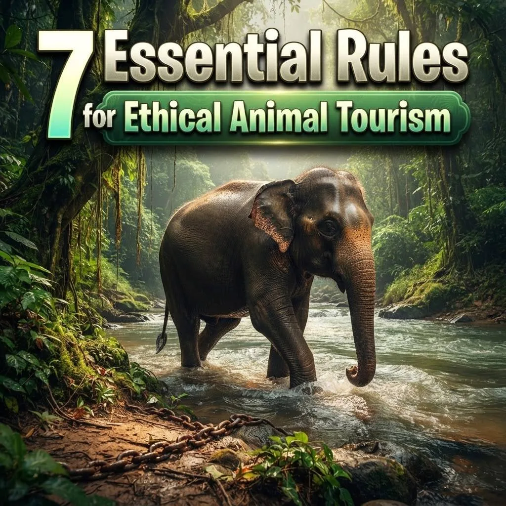 Ethical animal tourism: a free elephant walking through a jungle river beside a broken chain