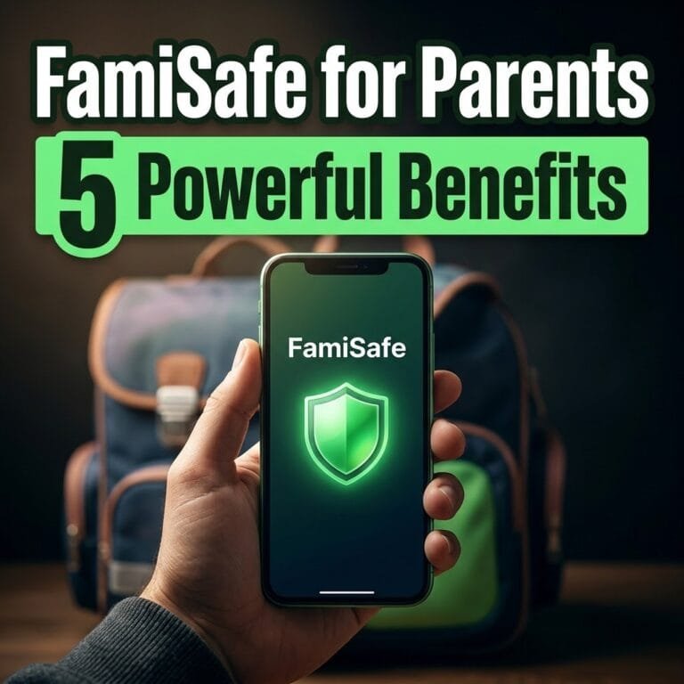 FamiSafe app for parents: a parent holding a phone showing the FamiSafe app and a green shield