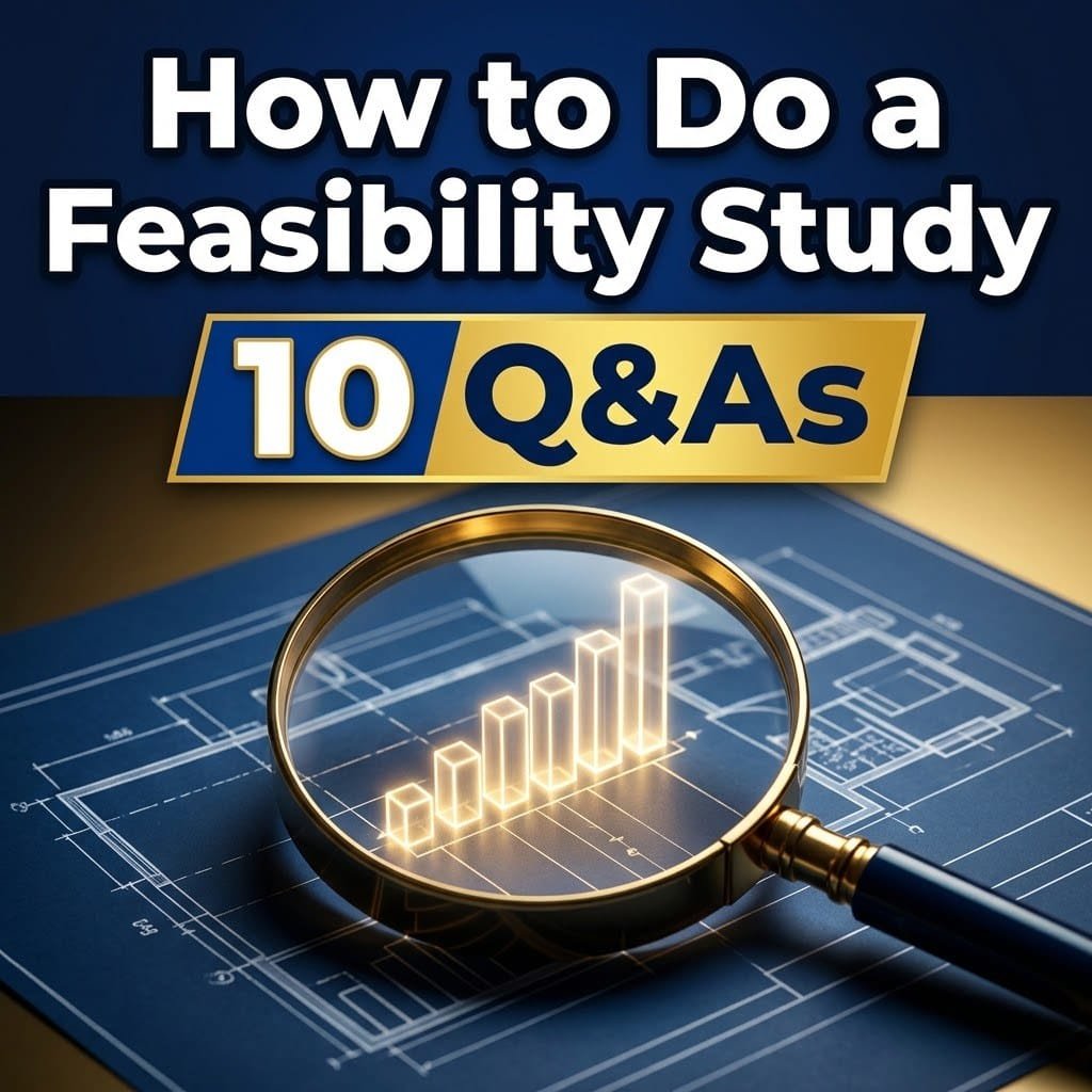 How to do a feasibility study: a magnifying glass over a business blueprint showing a rising bar chart