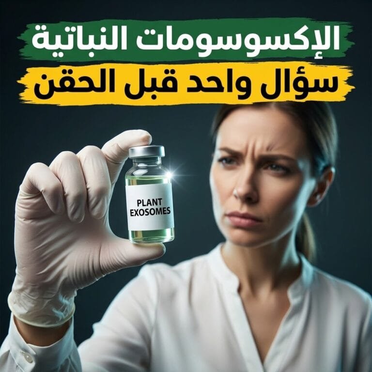 قارورة الإكسوسومات النباتية في يد بقفاز أمام سيدة مترددة في مركز تجميل