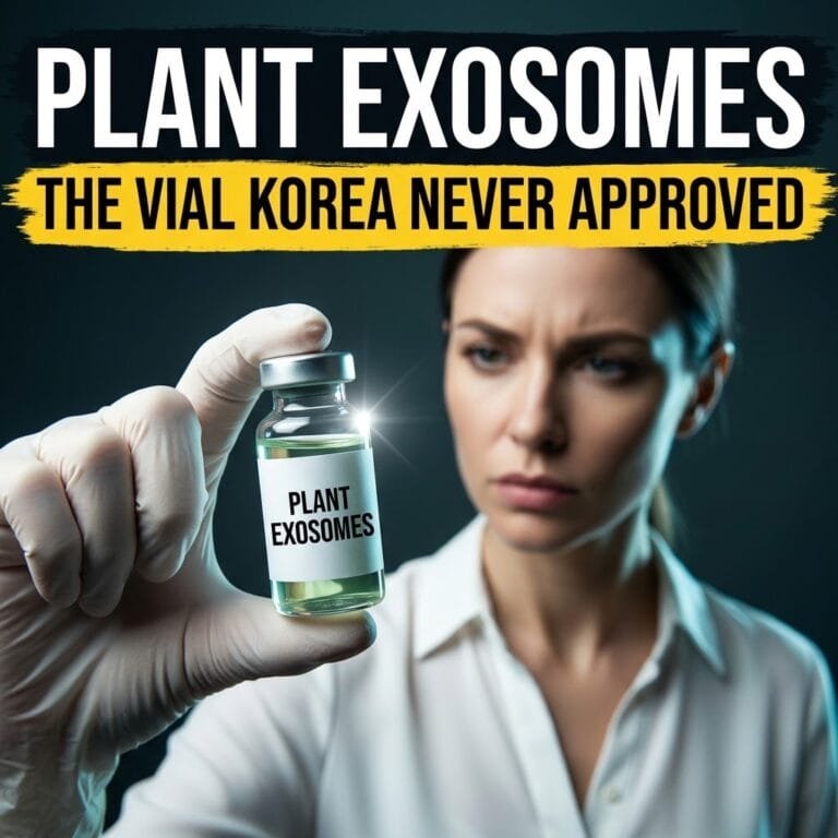 Gloved hand holding a plant exosomes vial in front of a doubtful patient