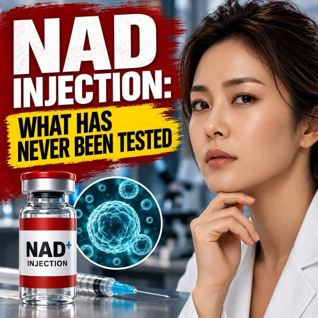 NAD injection vial and syringe beside a clinician in a laboratory