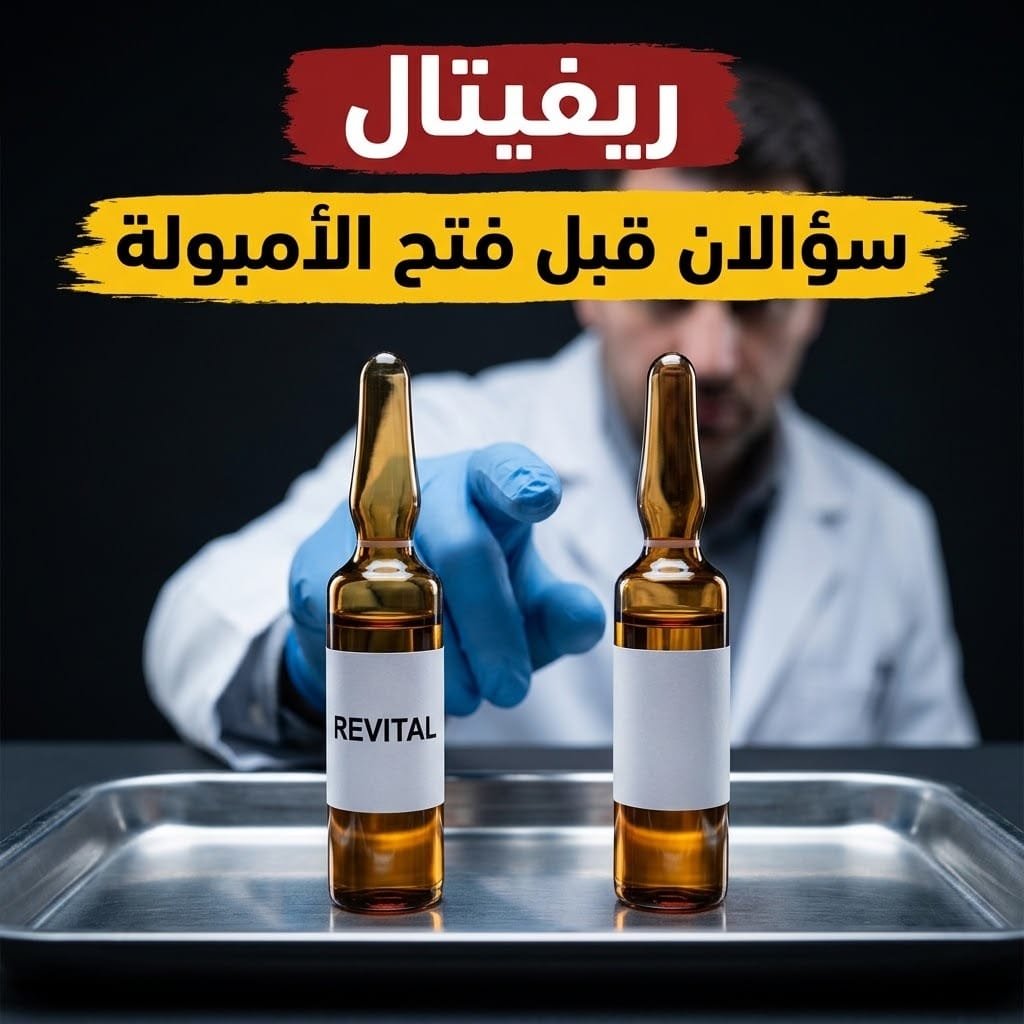 أمبولتا ريفيتال متطابقتان على صينية معدنية، إحداهما بملصق والأخرى بلا اسم