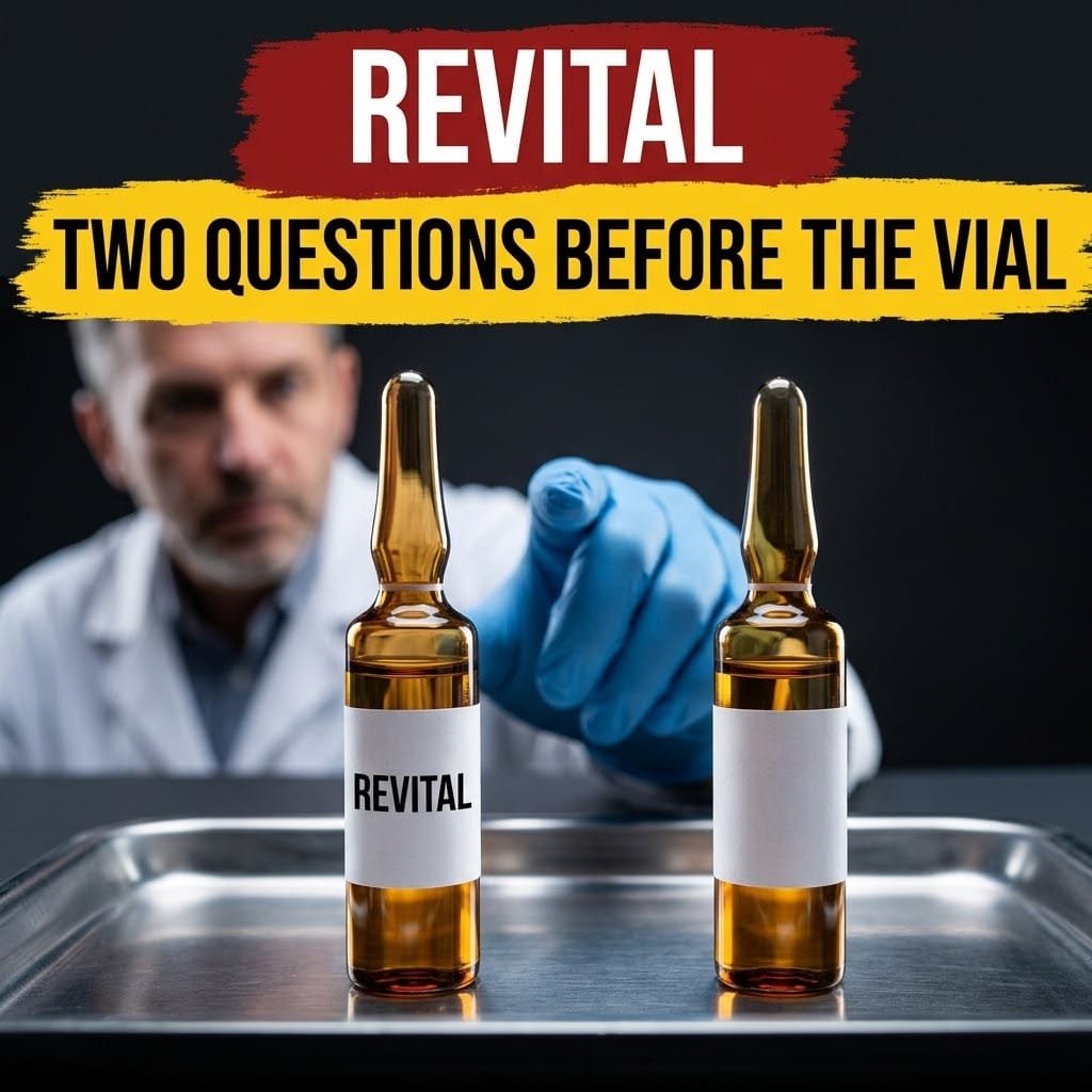 Two identical Revital ampoules on a steel tray, one labelled and one blank