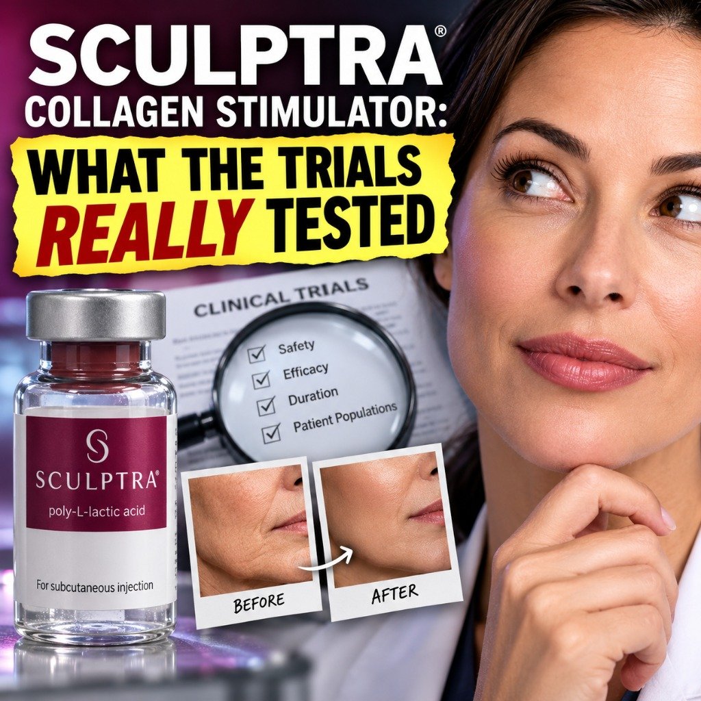 Sculptra collagen stimulator vial beside clinical trial notes