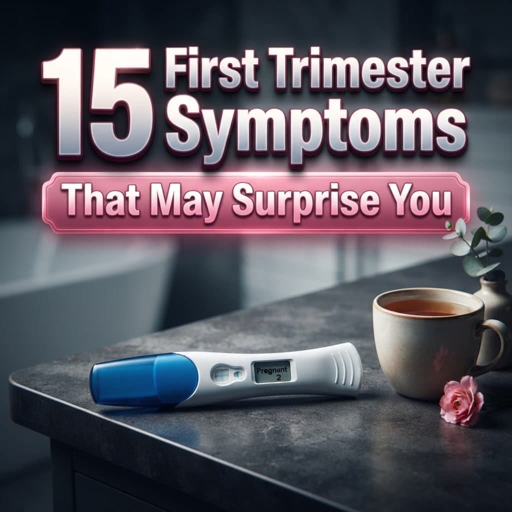 First trimester symptoms: a positive pregnancy test on a bathroom counter beside a cup of tea and a rose