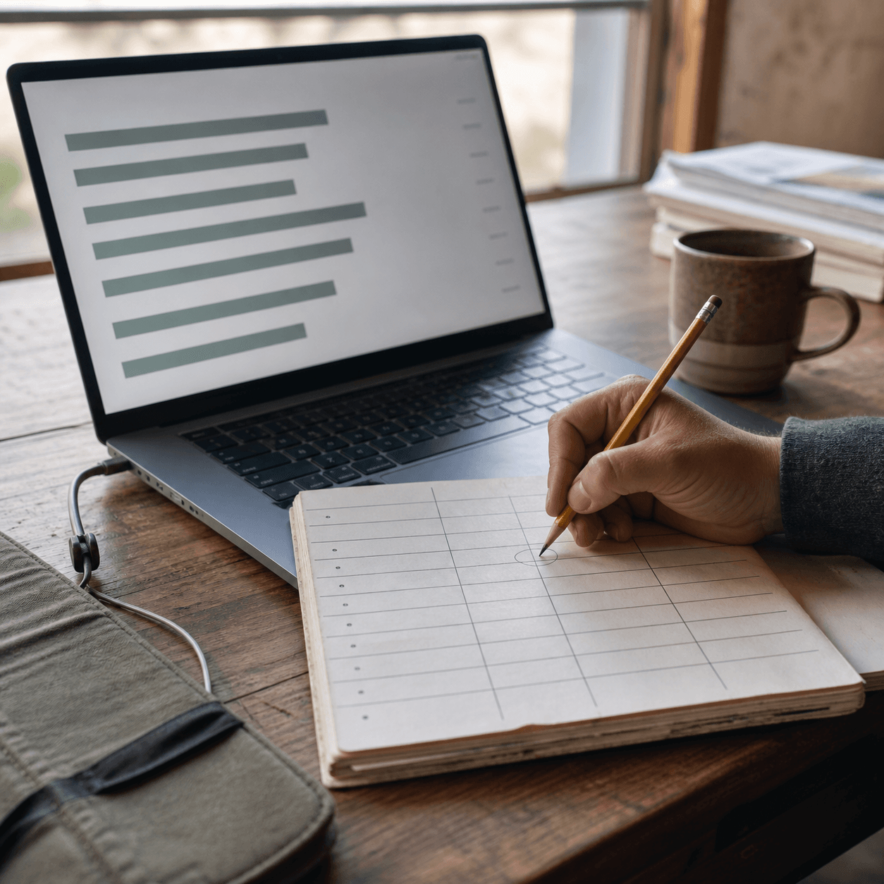 A hand noting keyword ideas in a notebook beside a laptop showing search volume bars from free SEO tools