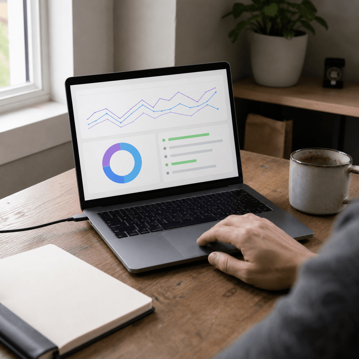 A hand on a laptop trackpad reviewing a site performance dashboard, the first-party data free SEO tools read from a search console