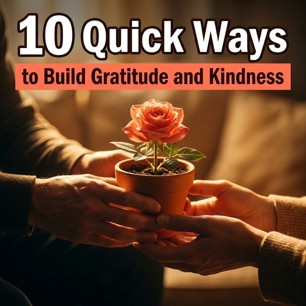 Ways to build gratitude and kindness: hands gently passing a potted rose to another pair of hands