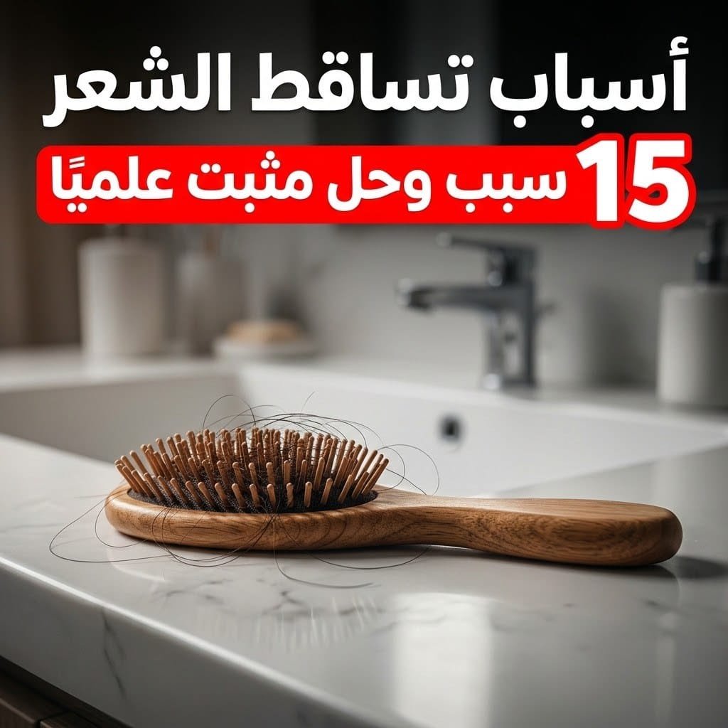 أسباب تساقط الشعر: فرشاة شعر خشبية عالق بها شعر متساقط على رخام الحمام