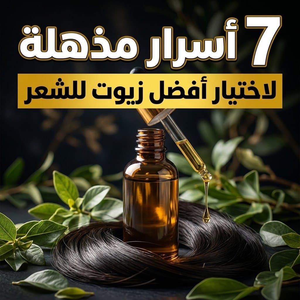 أسرار اختيار أفضل زيوت للشعر: زجاجة زيت شعر كهرمانية تقطر على خصلة شعر لامعة