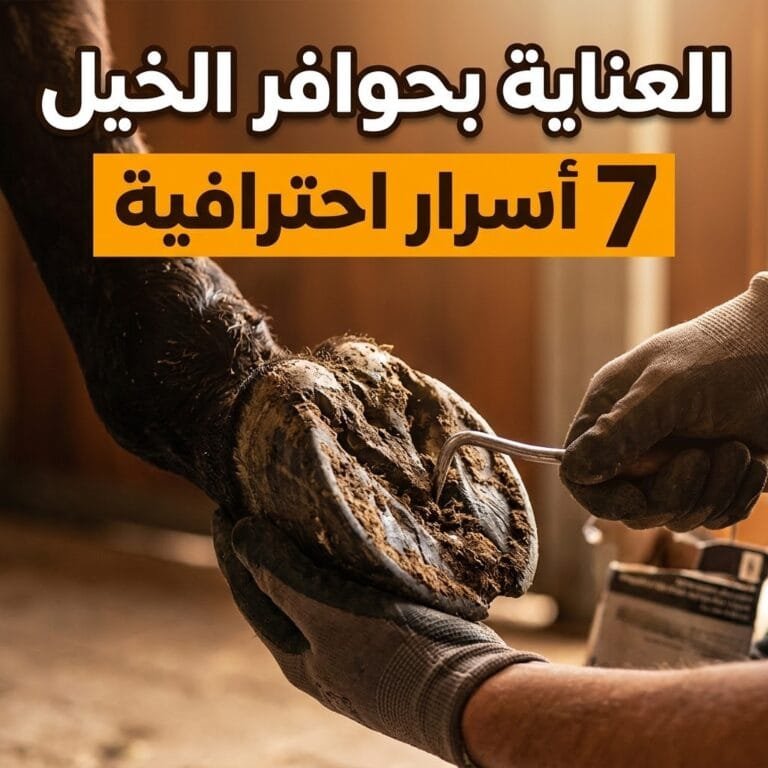 العناية بحوافر الخيل: يدان بقفازين تنظفان حافر حصان بأداة تنظيف الحوافر