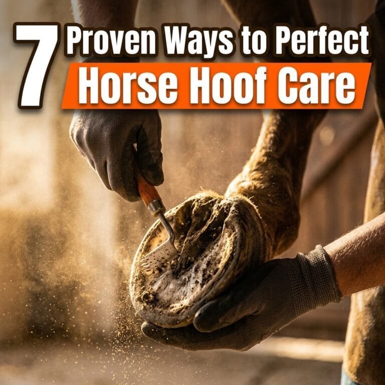 Horse hoof care: gloved hands cleaning a horse hoof with a hoof pick