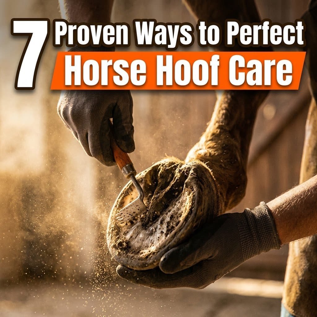Horse hoof care: gloved hands cleaning a horse hoof with a hoof pick