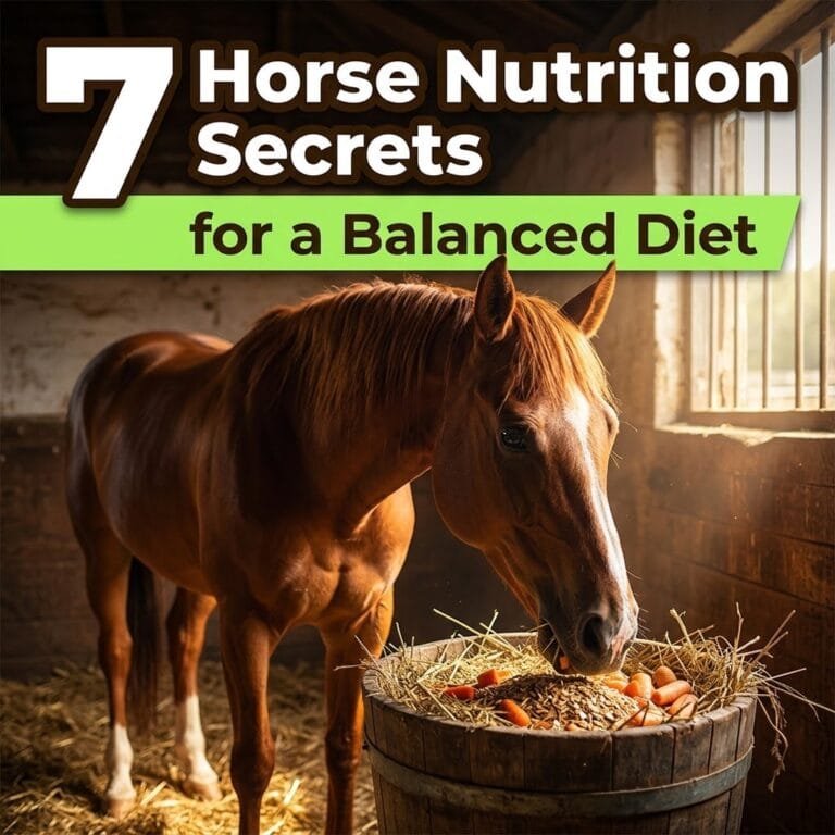 Horse nutrition secrets: a chestnut horse eating hay, oats and carrots from a rustic bucket