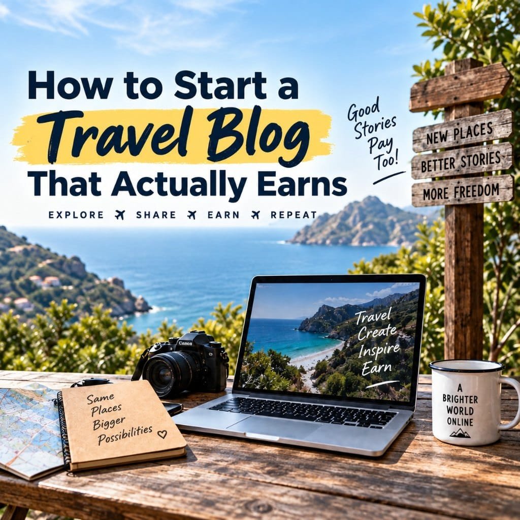 How to start a travel blog: a laptop, camera, map and coffee on a wooden desk overlooking a coastline