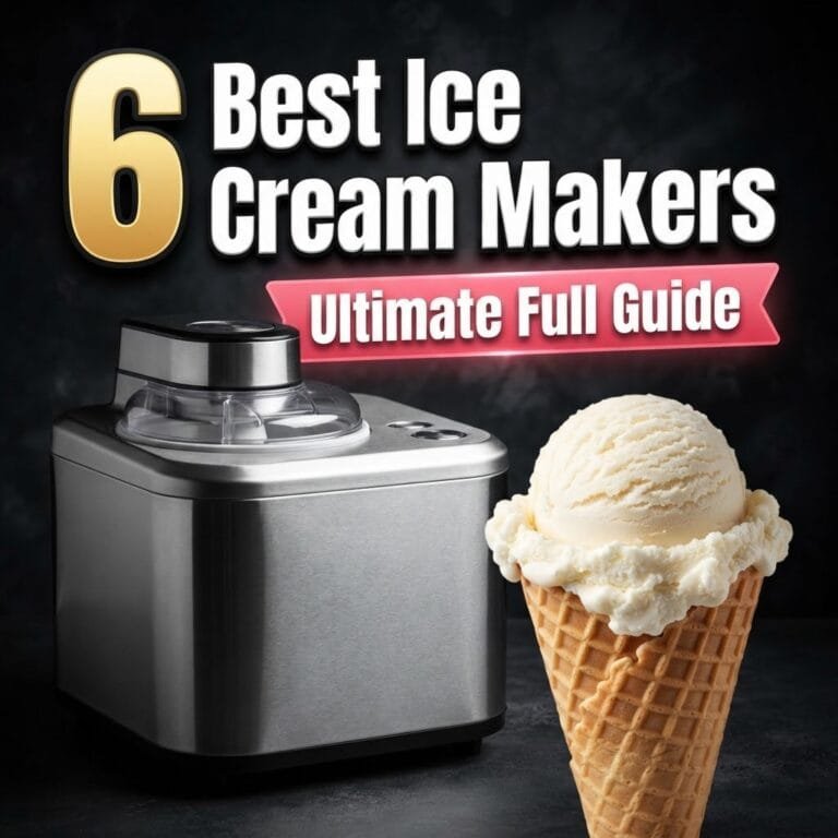 Best ice cream makers: a stainless ice cream maker beside a creamy vanilla scoop in a waffle cone