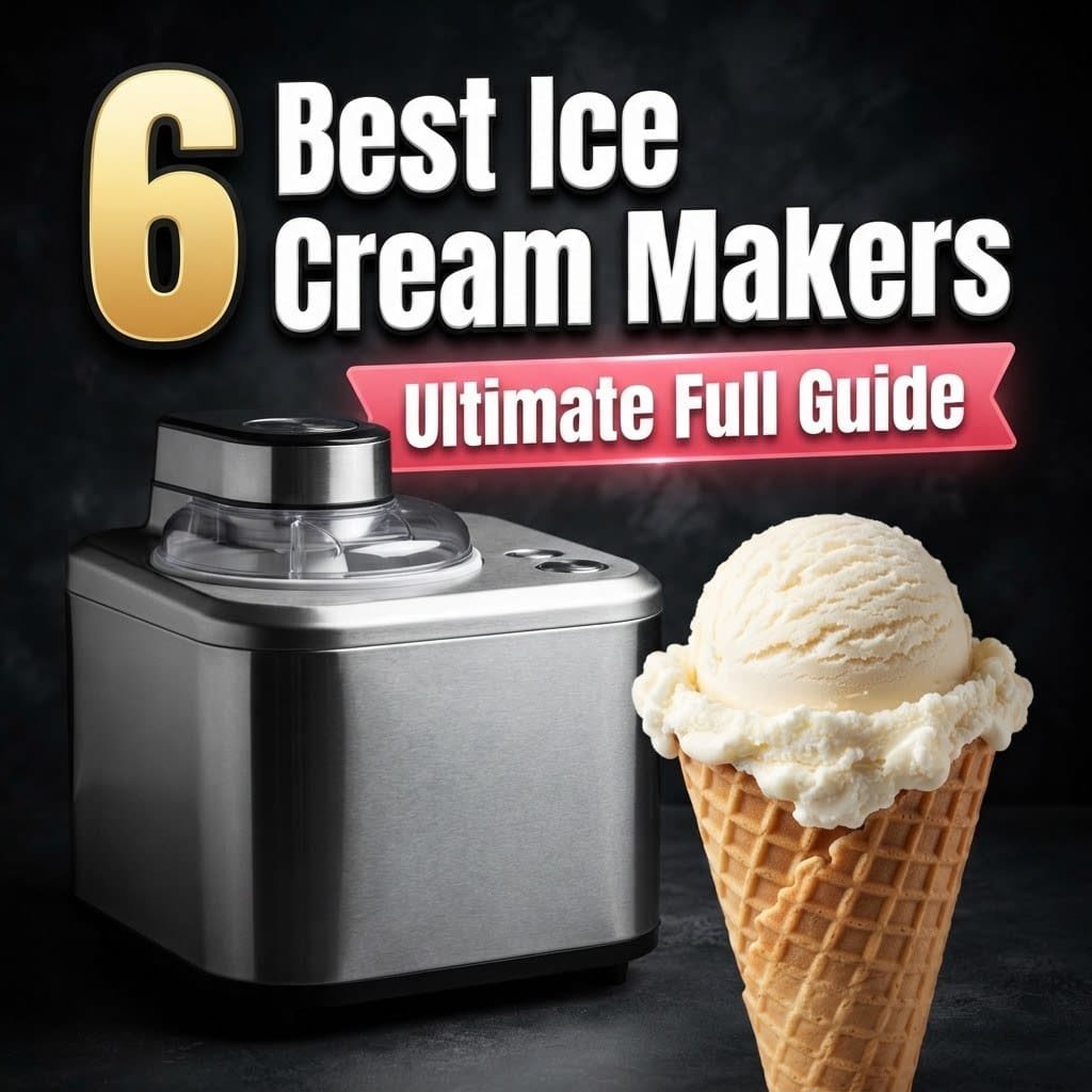 Best ice cream makers: a stainless ice cream maker beside a creamy vanilla scoop in a waffle cone