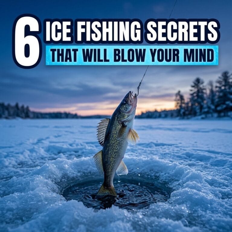 Ice fishing secrets: a walleye pulled up on a line from a hole in a frozen lake at dawn