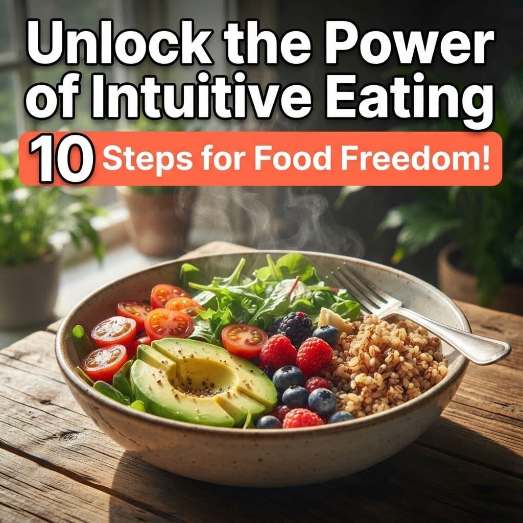 Intuitive eating bowl with avocado, berries, tomatoes and whole grains on a sunlit wooden table