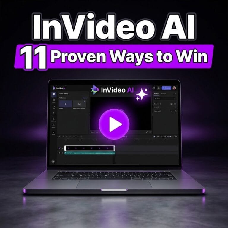 InVideo AI: a laptop running the InVideo AI video editor with a glowing play button