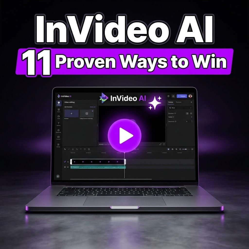 InVideo AI: a laptop running the InVideo AI video editor with a glowing play button