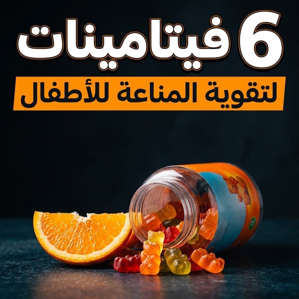 فيتامينات تقوية المناعة للأطفال: عبوة حلوى فيتامينات ملونة تنسكب بجوار شريحة برتقال
