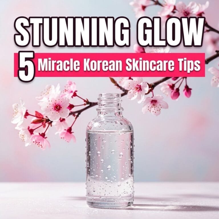 Korean skincare tips for a stunning glow: a dewy glass essence bottle under a cherry blossom branch