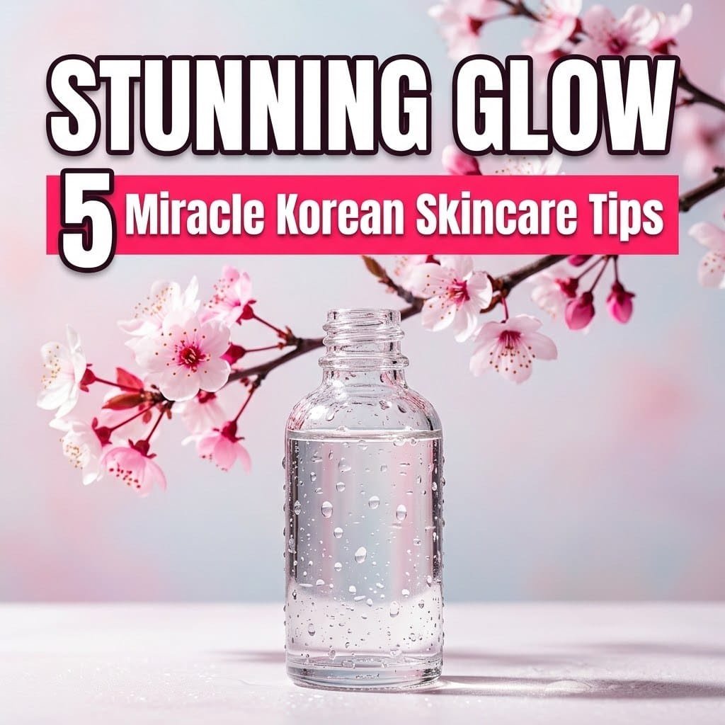 Korean skincare tips for a stunning glow: a dewy glass essence bottle under a cherry blossom branch